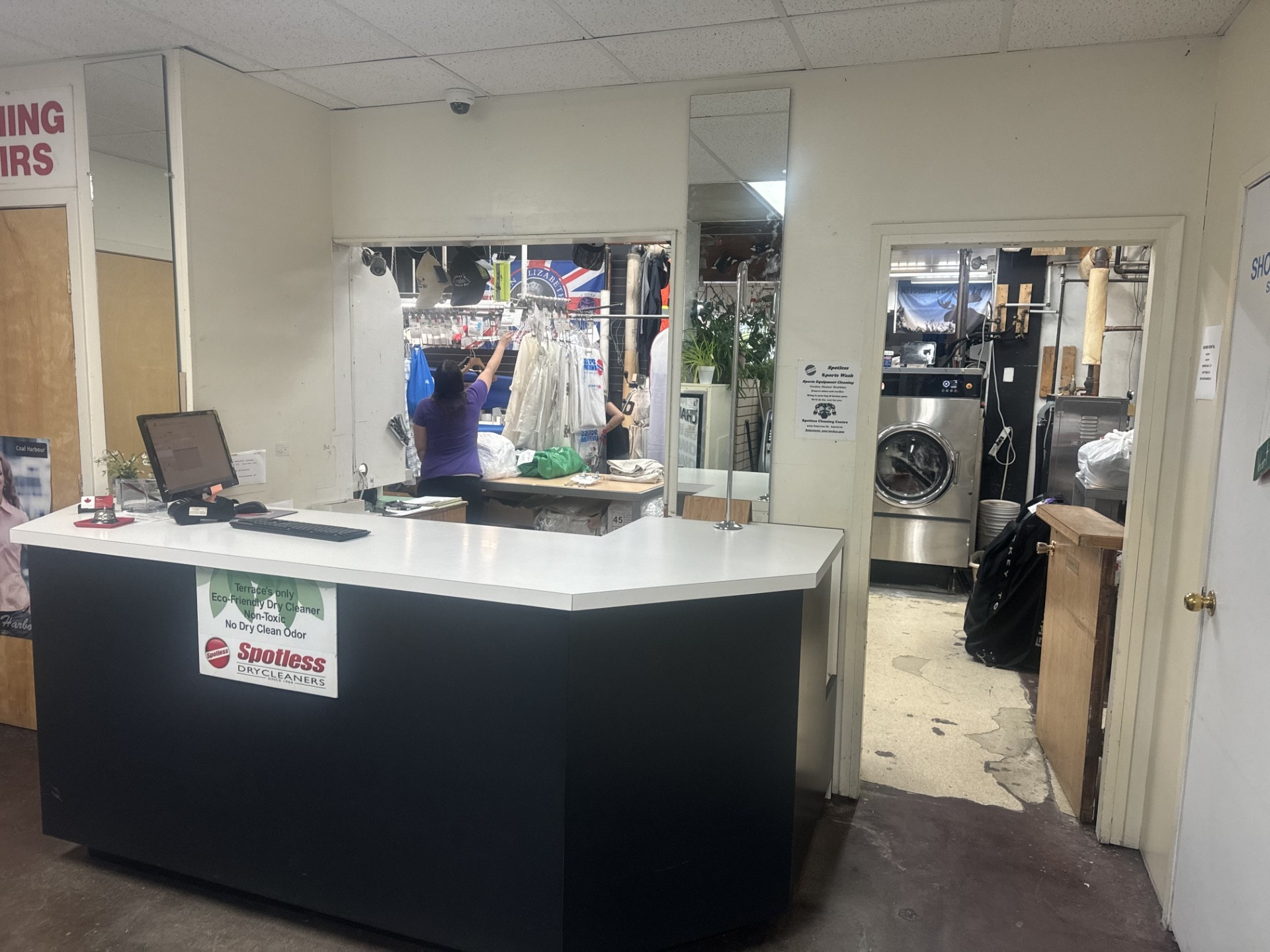 Spotless Drycleaners service counter — eco-friendly dry cleaning in Terrace, BC