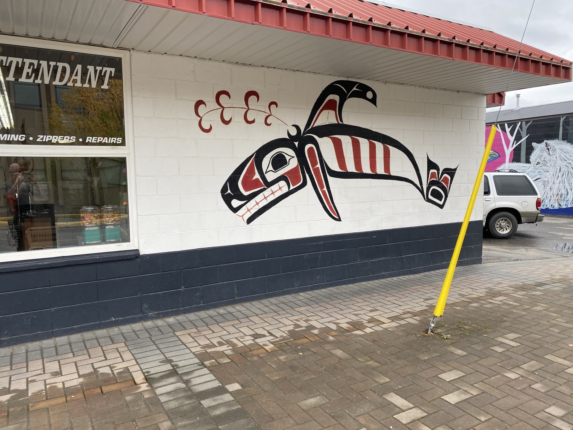 Indigenous killer whale mural on the outside of Spotless Cleaning Centre, Terrace BC